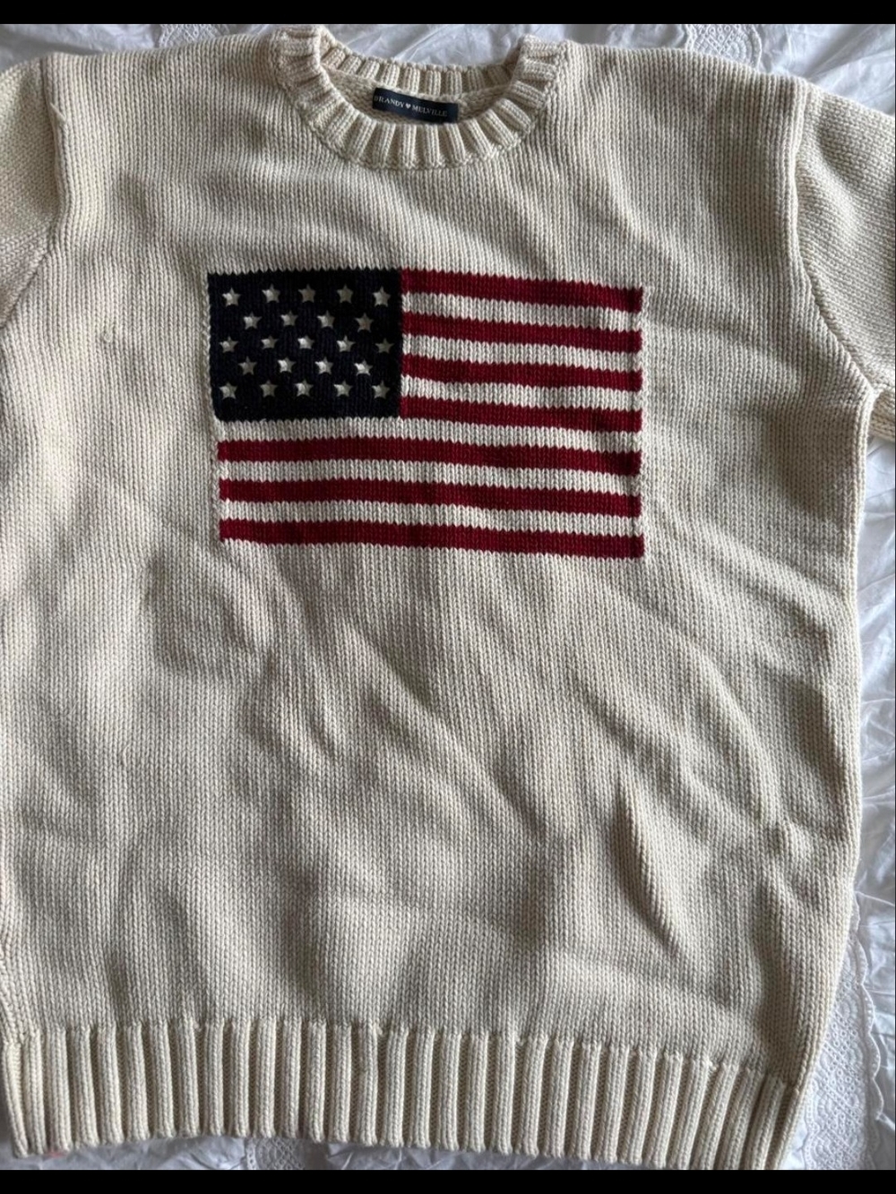 Brandy Melville Cream Crewneck Sweater with Flag Motif